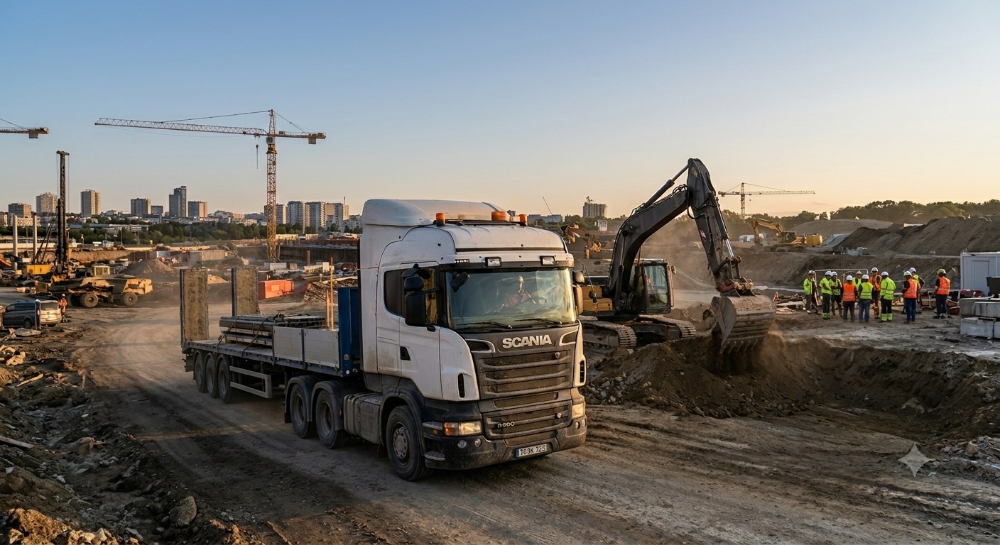 Cantiere edile con mezzi pesanti e personale operativo